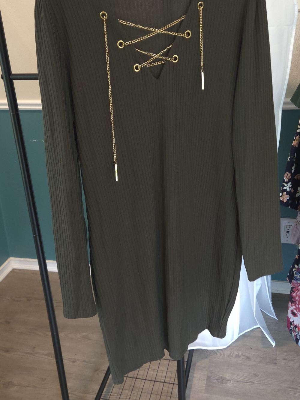 Michael Kors Olive Green Long Sleeve Ribbed Dress with Gold Chain Lace-Up